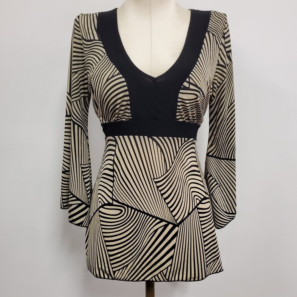 Vtg MKM Designs Womens Y2K Artsy Babydoll Top‎ Size S Beige Preppy Office 90S